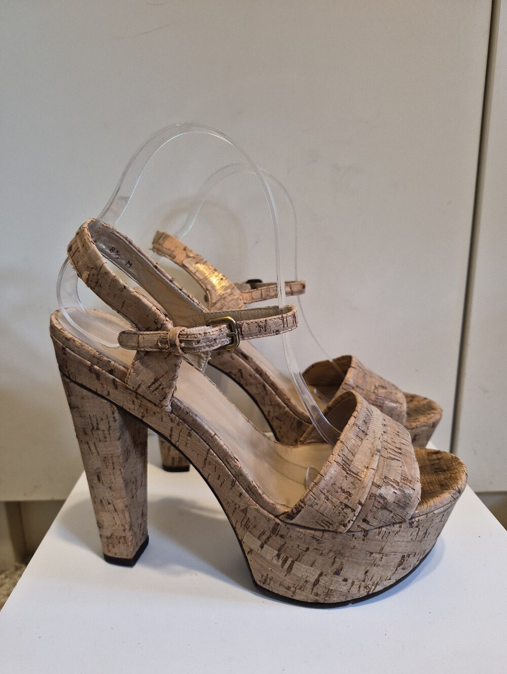 Stuart Weitzman Tan Cork/Gold Lamé Platform Sandals Heels Sz.8.5 Ret.$348